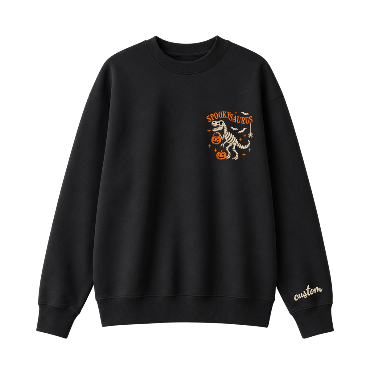 Chaotic Club Embroided Spooky Saurus Skeleton T-Rex Pocket Custom Sleeve Crewneck Sweatshirt