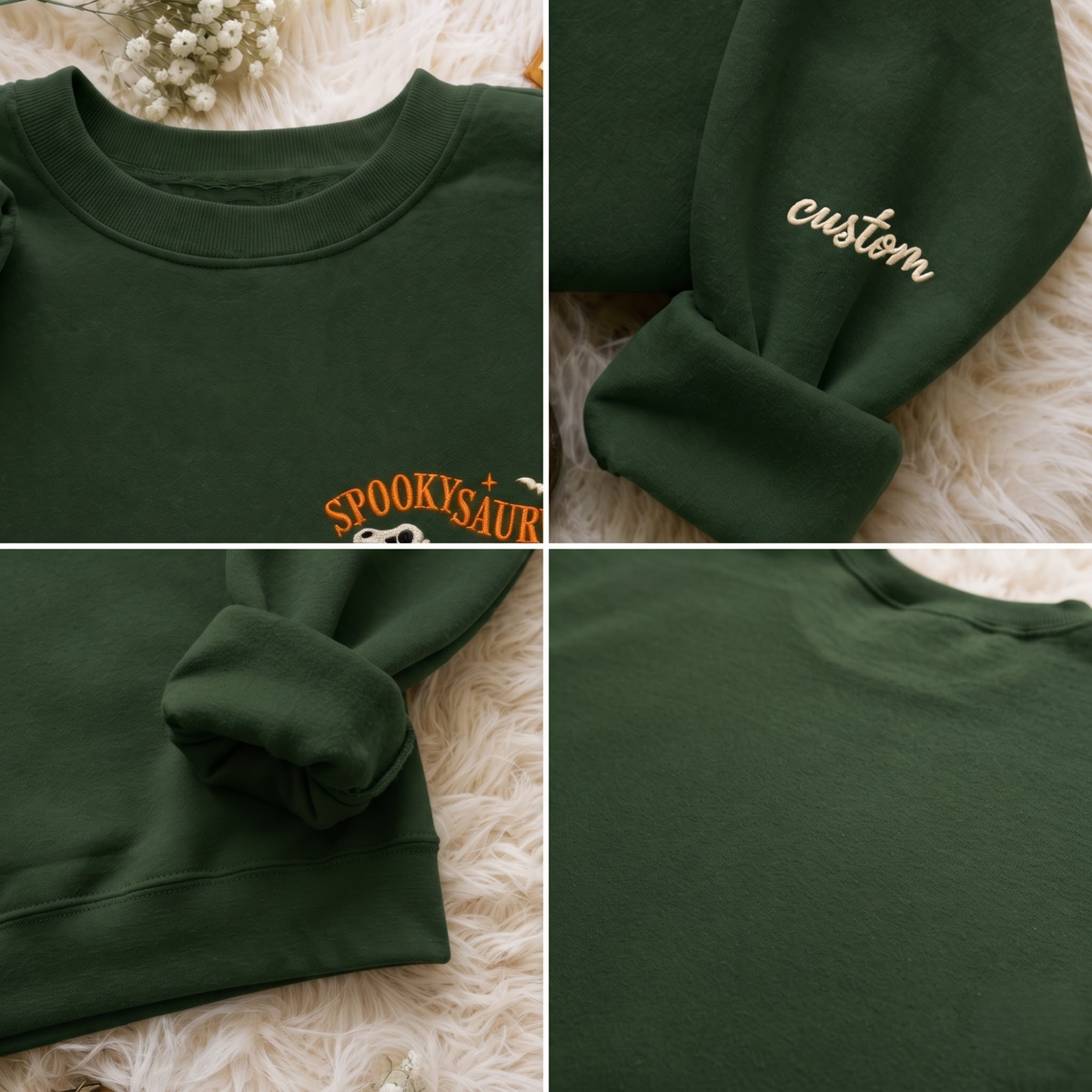 Chaotic Club Embroided Spooky Saurus Skeleton T-Rex Pocket Custom Sleeve Crewneck Sweatshirt