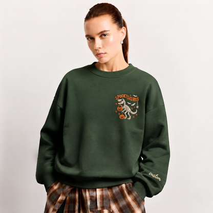 Chaotic Club Embroided Spooky Saurus Skeleton T-Rex Pocket Custom Sleeve Crewneck Sweatshirt