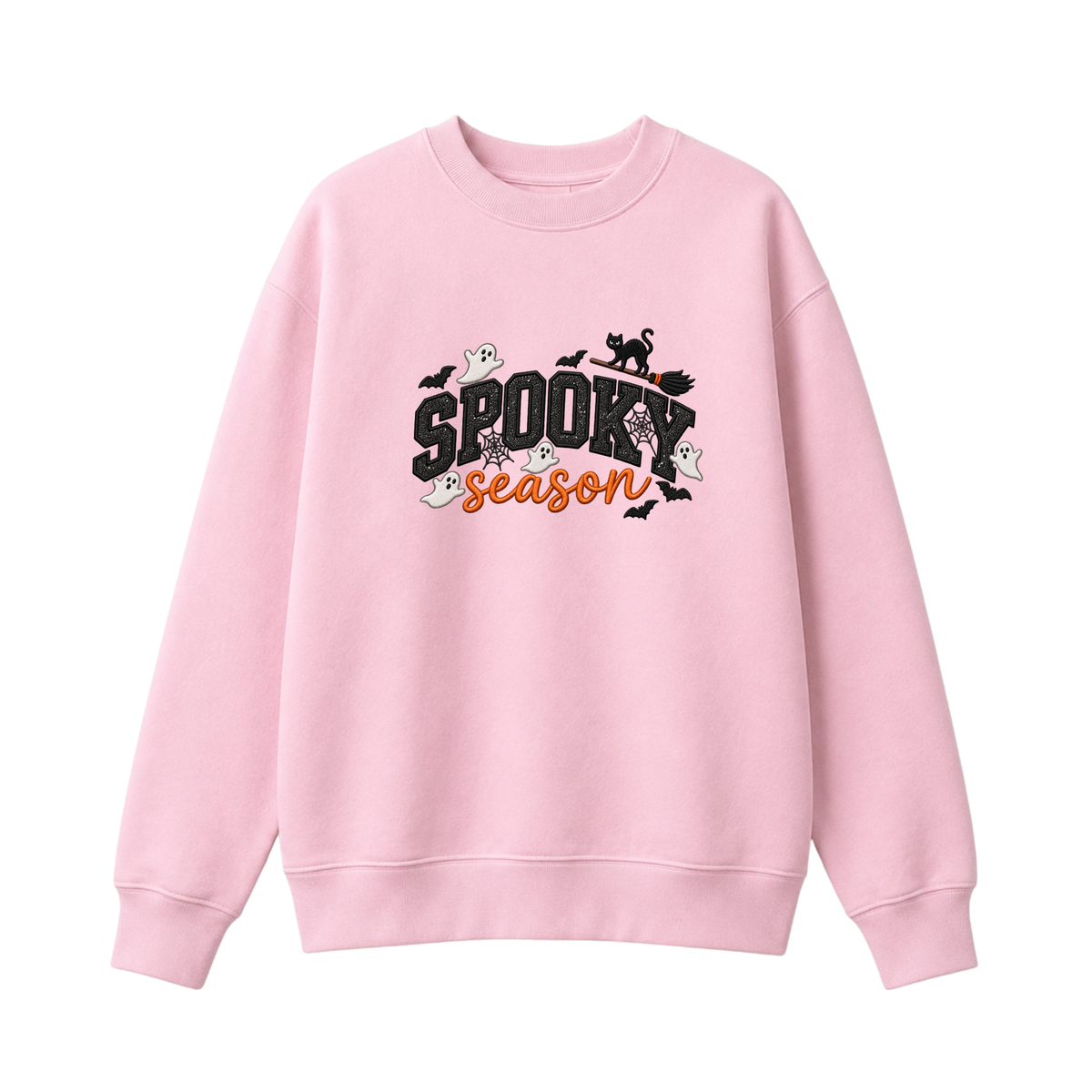 Chaotic Club Embroided Spooky Season Ghosts Black Cat Broom Halloween Crewneck Sweatshirt