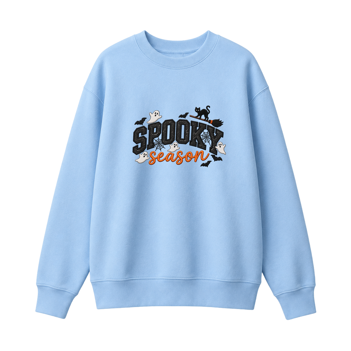 Chaotic Club Embroided Spooky Season Ghosts Black Cat Broom Halloween Crewneck Sweatshirt