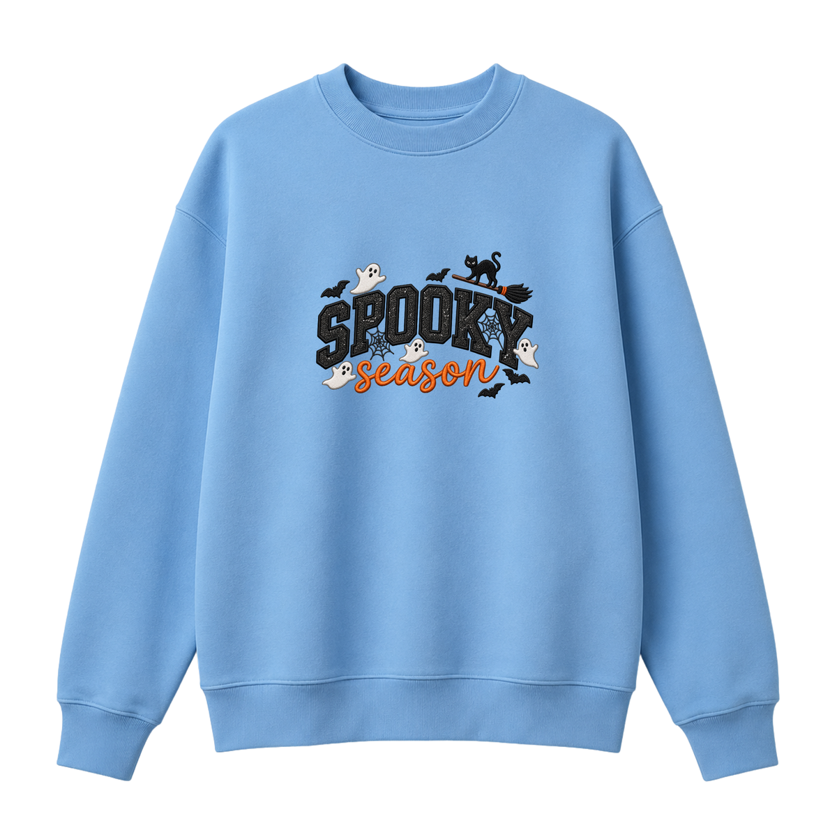 Chaotic Club Embroided Spooky Season Ghosts Black Cat Broom Halloween Crewneck Sweatshirt