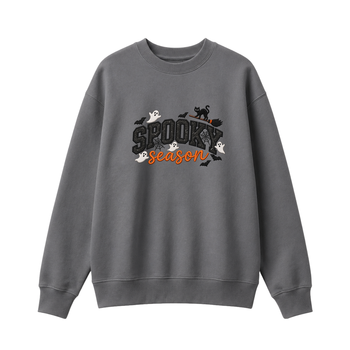 Chaotic Club Embroided Spooky Season Ghosts Black Cat Broom Halloween Crewneck Sweatshirt