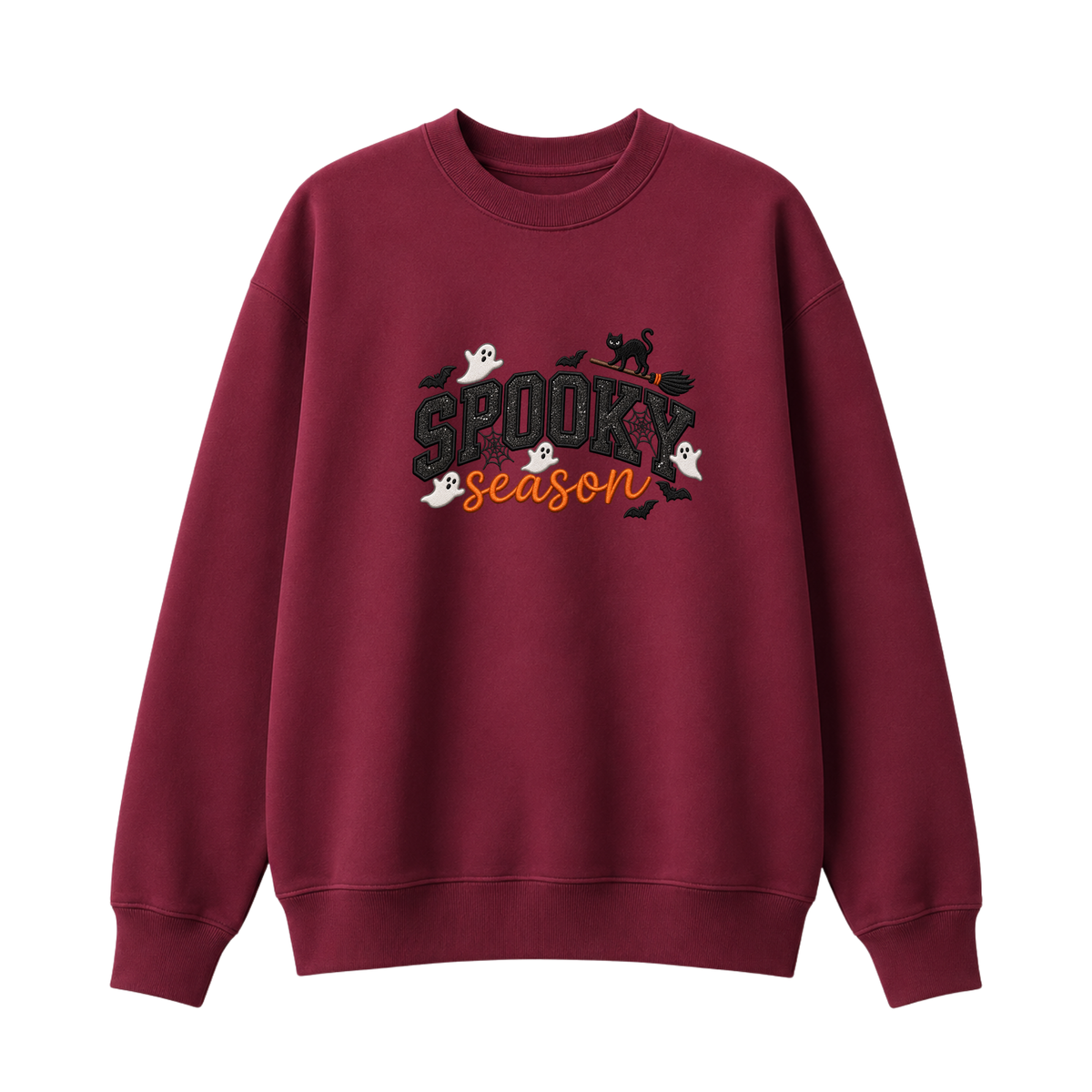 Chaotic Club Embroided Spooky Season Ghosts Black Cat Broom Halloween Crewneck Sweatshirt