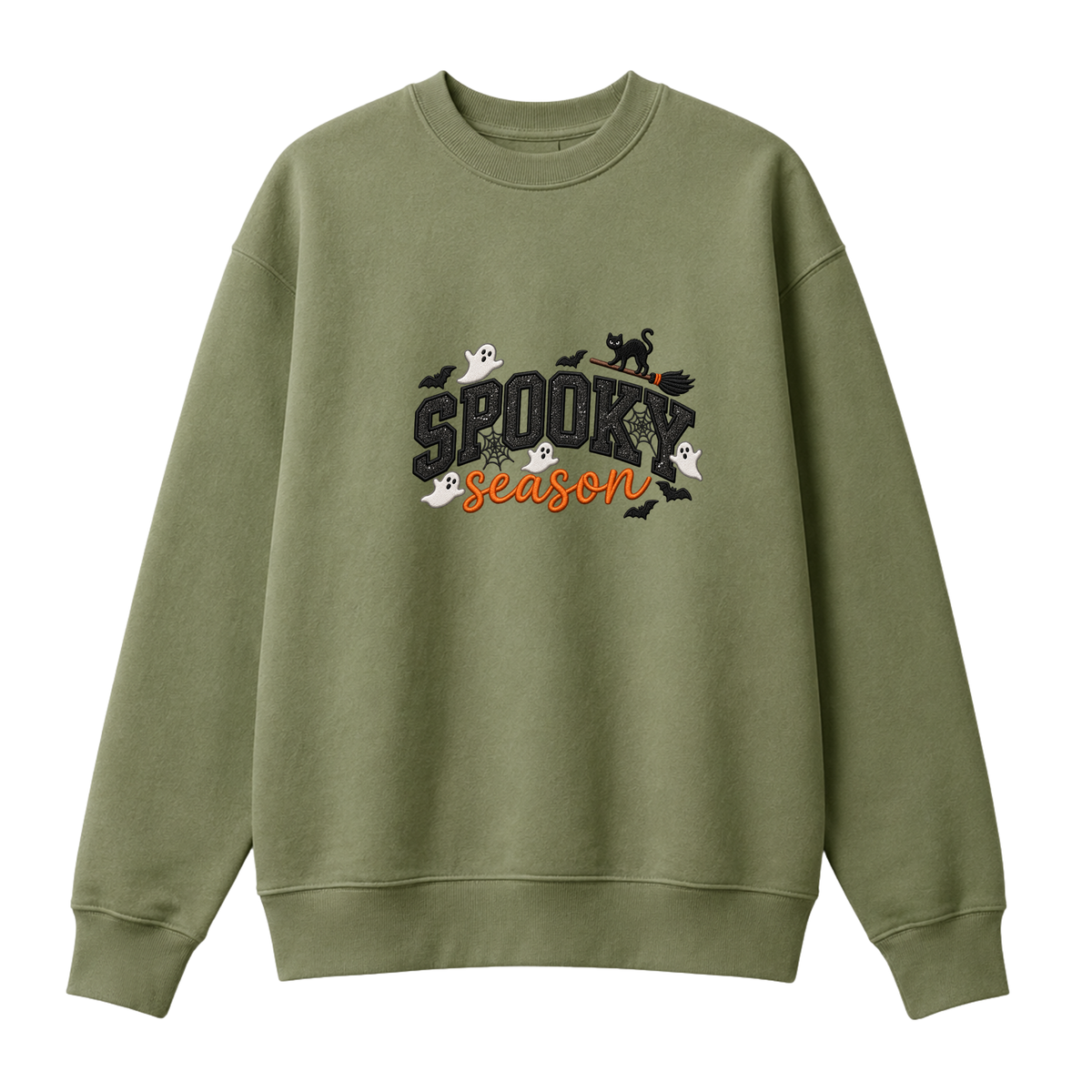 Chaotic Club Embroided Spooky Season Ghosts Black Cat Broom Halloween Crewneck Sweatshirt