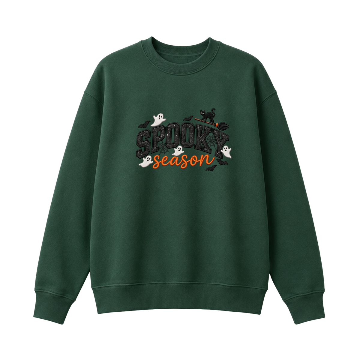 Chaotic Club Embroided Spooky Season Ghosts Black Cat Broom Halloween Crewneck Sweatshirt