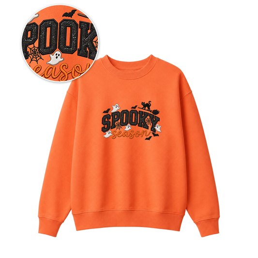 Chaotic Club Embroided Spooky Season Ghosts Black Cat Broom Halloween Crewneck Sweatshirt