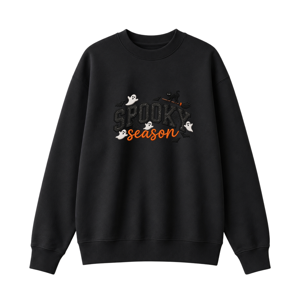 Chaotic Club Embroided Spooky Season Ghosts Black Cat Broom Halloween Crewneck Sweatshirt