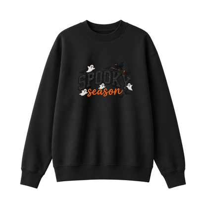 Chaotic Club Embroided Spooky Season Ghosts Black Cat Broom Halloween Crewneck Sweatshirt