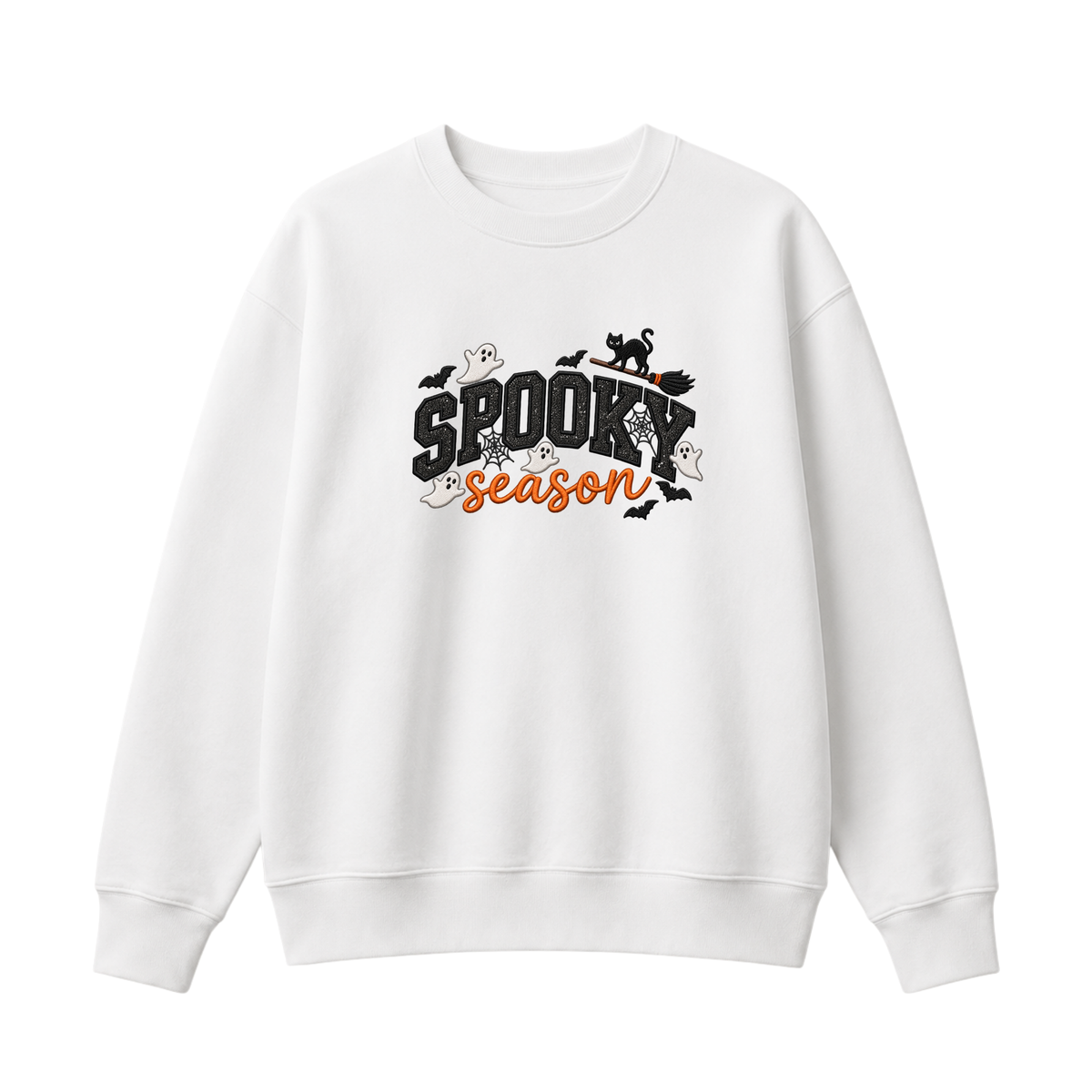 Chaotic Club Embroided Spooky Season Ghosts Black Cat Broom Halloween Crewneck Sweatshirt