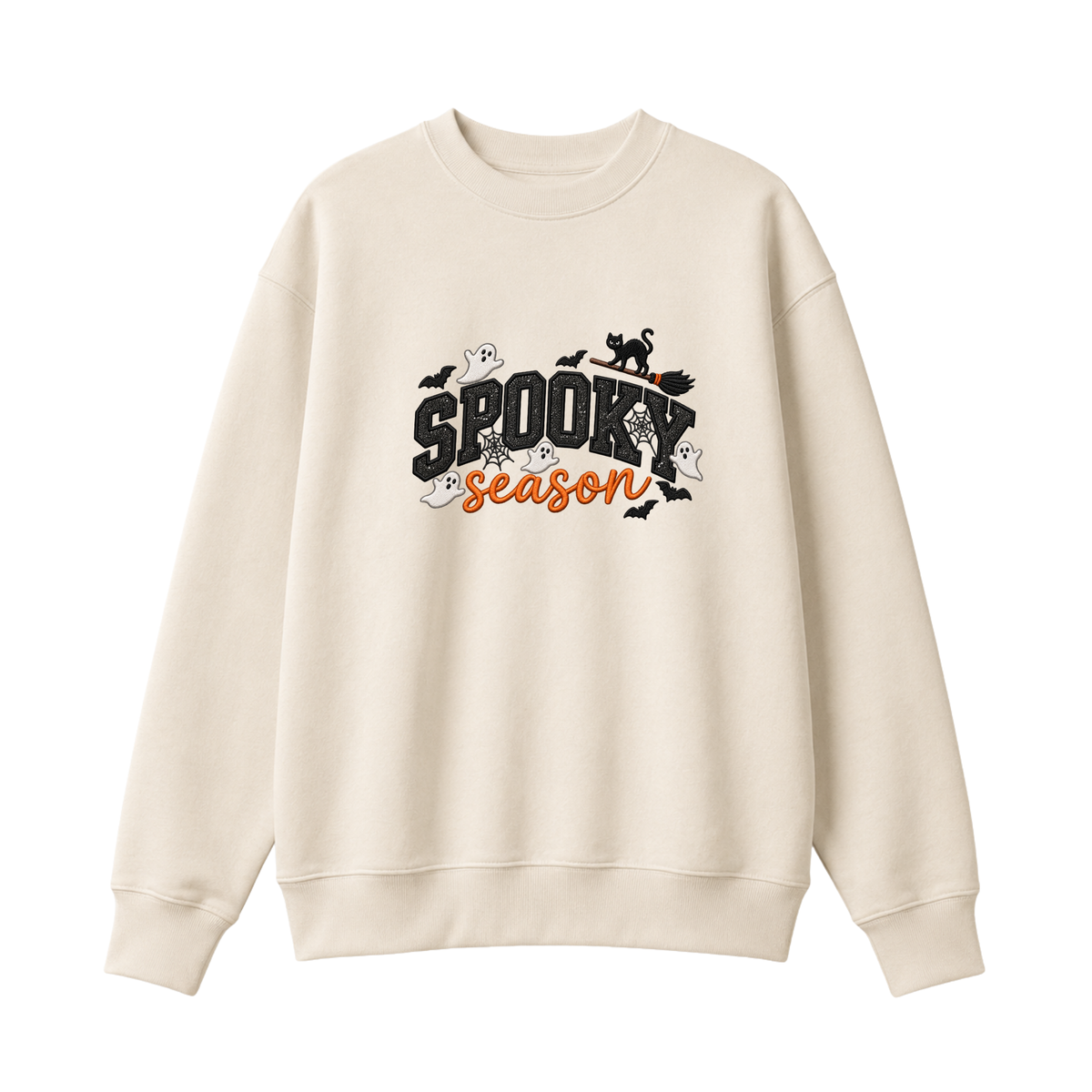 Chaotic Club Embroided Spooky Season Ghosts Black Cat Broom Halloween Crewneck Sweatshirt