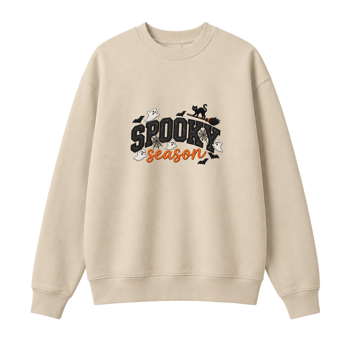 Chaotic Club Embroided Spooky Season Ghosts Black Cat Broom Halloween Crewneck Sweatshirt