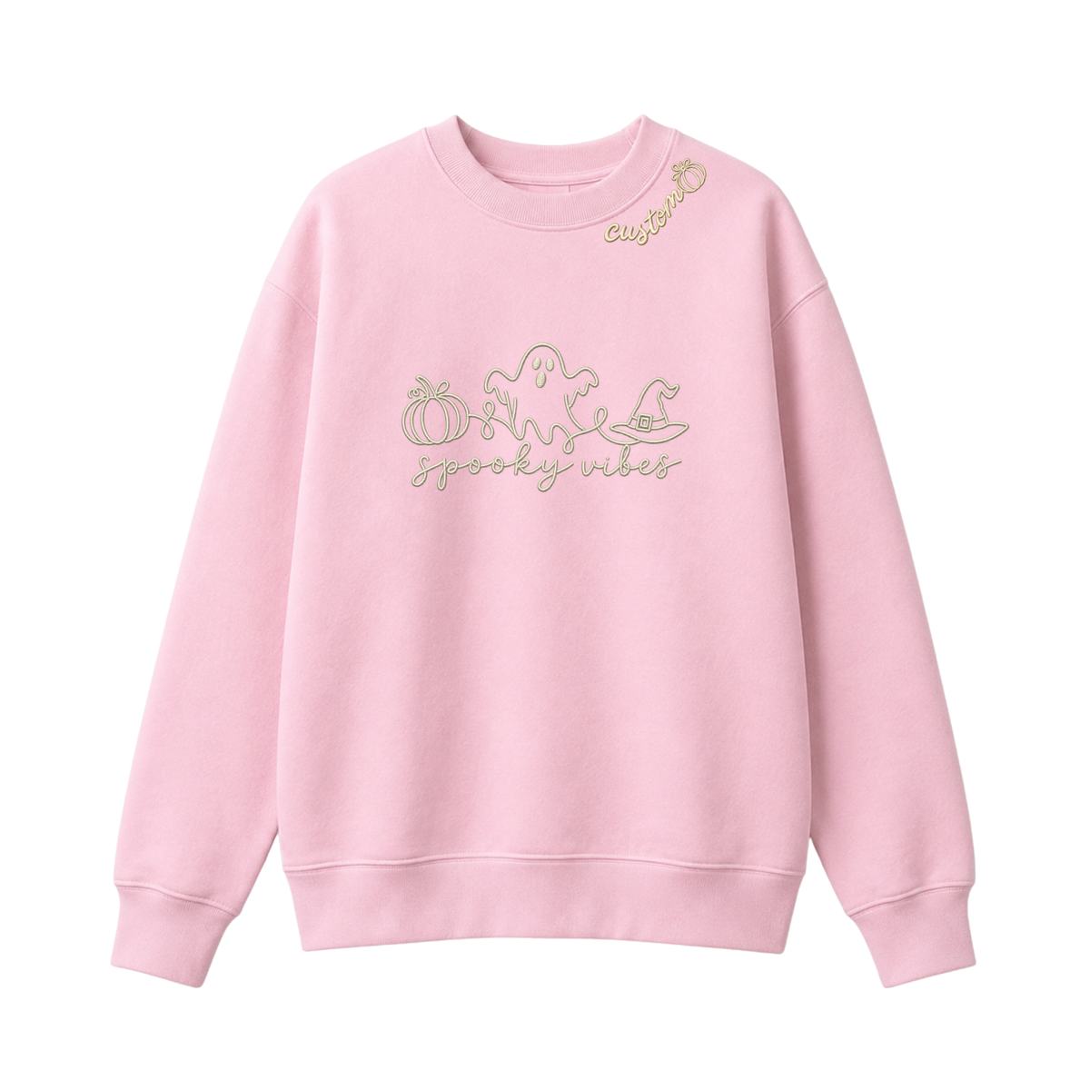 Chaotic Club Embroided Spooky Vibes Doodle Art Ghost Pumpkin Custom Name Crewneck Sweatshirt