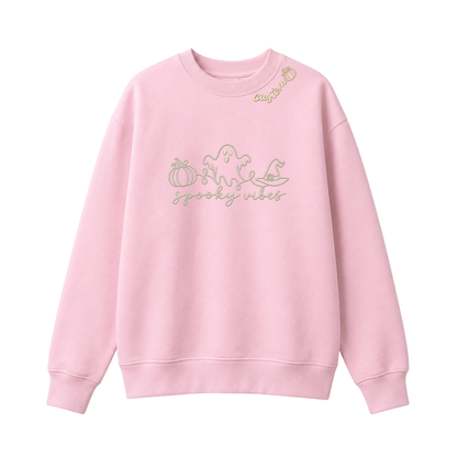 Chaotic Club Embroided Spooky Vibes Doodle Art Ghost Pumpkin Custom Name Crewneck Sweatshirt