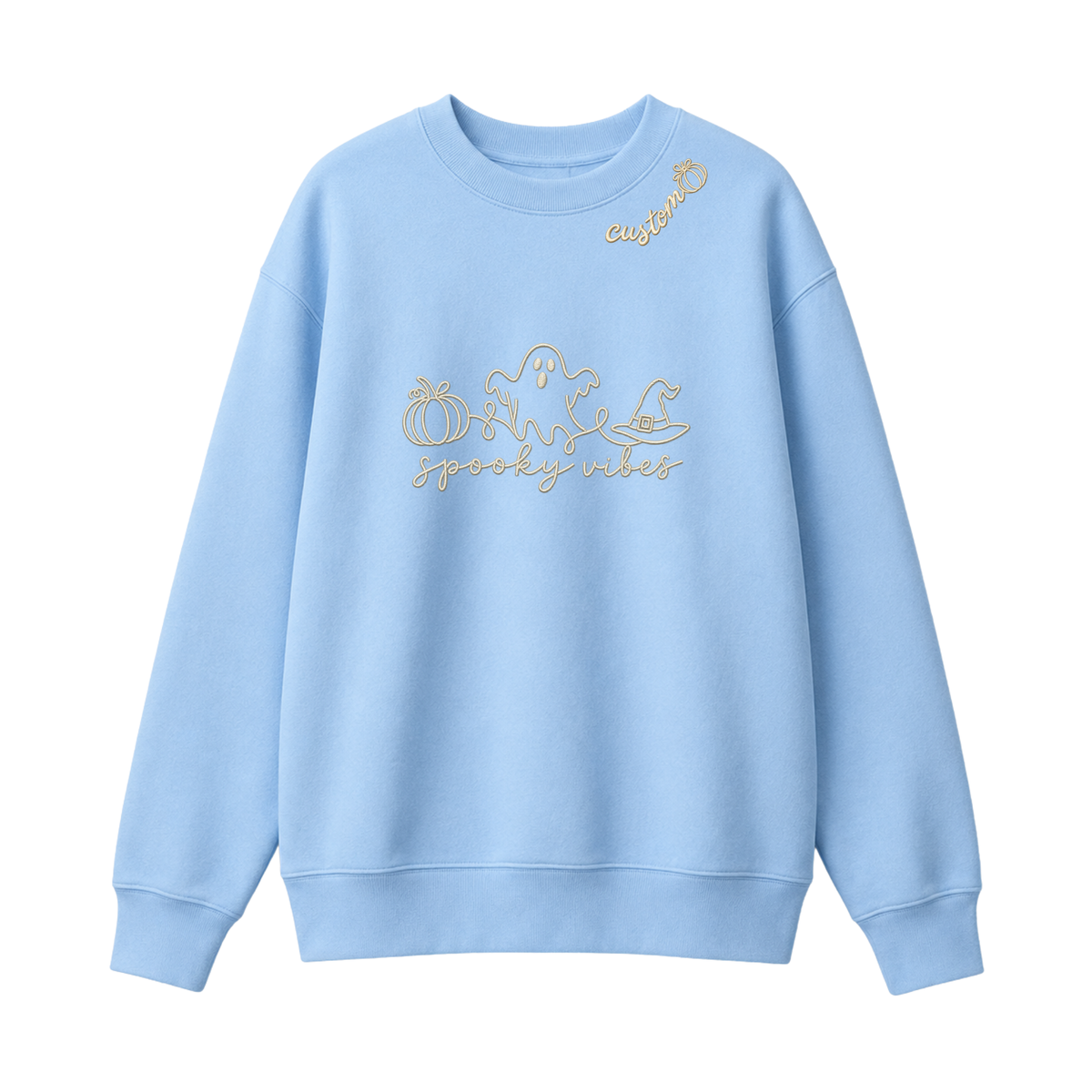 Chaotic Club Embroided Spooky Vibes Doodle Art Ghost Pumpkin Custom Name Crewneck Sweatshirt