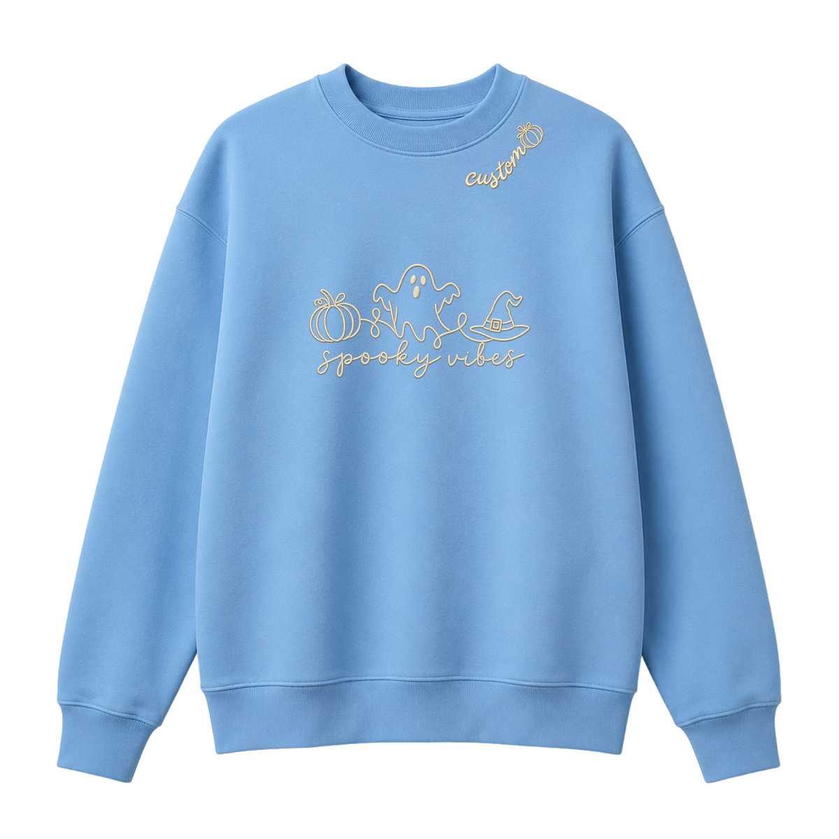 Chaotic Club Embroided Spooky Vibes Doodle Art Ghost Pumpkin Custom Name Crewneck Sweatshirt