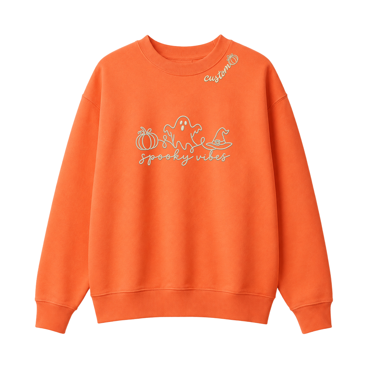 Chaotic Club Embroided Spooky Vibes Doodle Art Ghost Pumpkin Custom Name Crewneck Sweatshirt