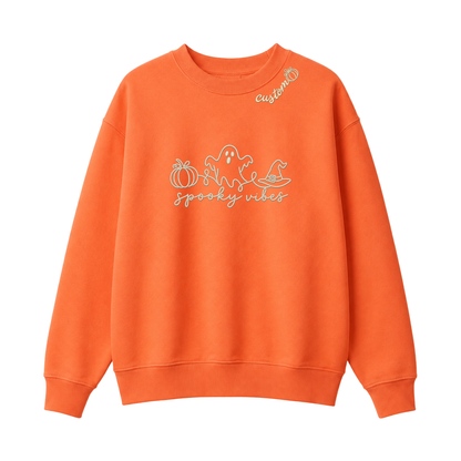 Chaotic Club Embroided Spooky Vibes Doodle Art Ghost Pumpkin Custom Name Crewneck Sweatshirt