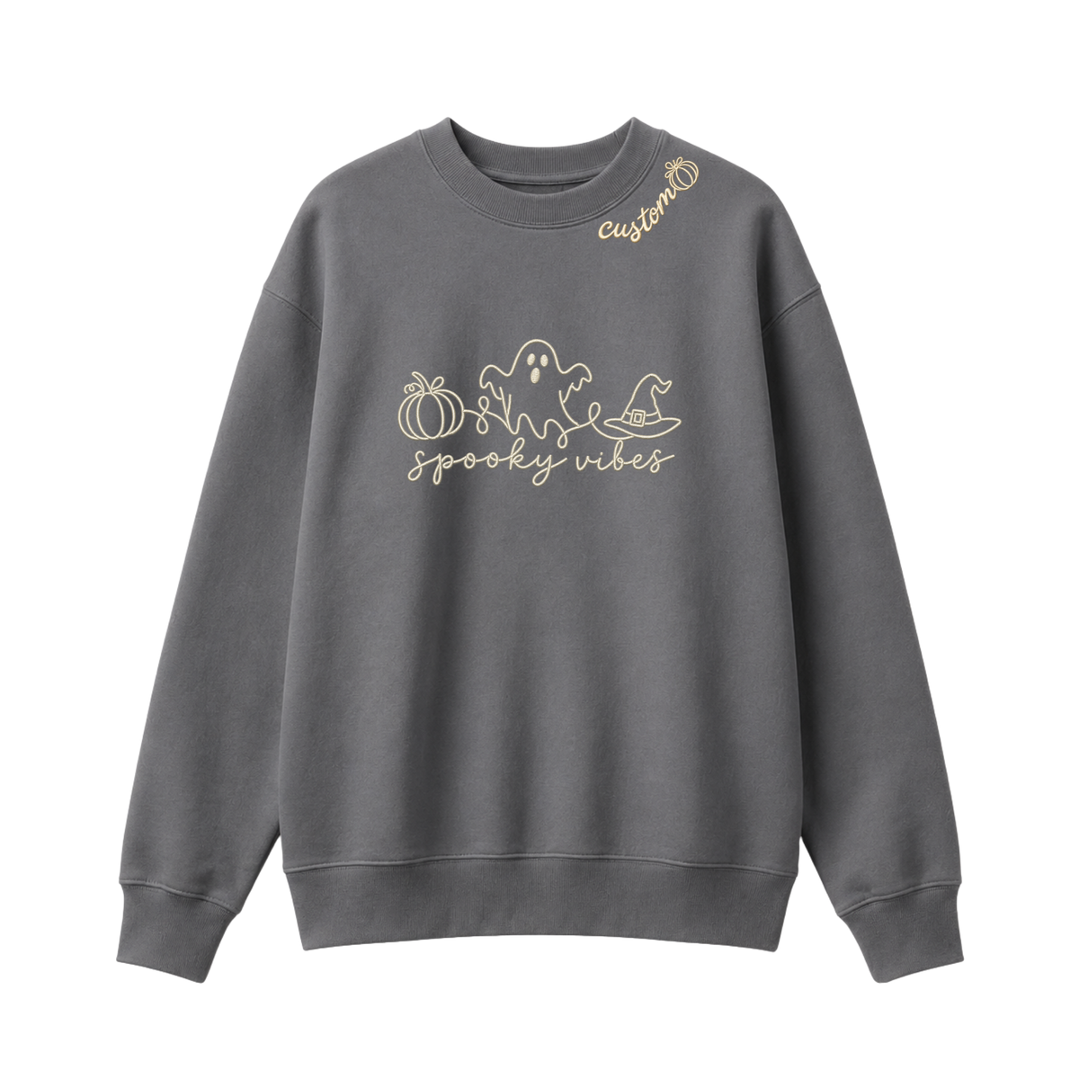 Chaotic Club Embroided Spooky Vibes Doodle Art Ghost Pumpkin Custom Name Crewneck Sweatshirt