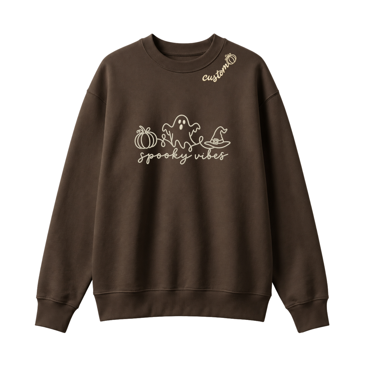 Chaotic Club Embroided Spooky Vibes Doodle Art Ghost Pumpkin Custom Name Crewneck Sweatshirt
