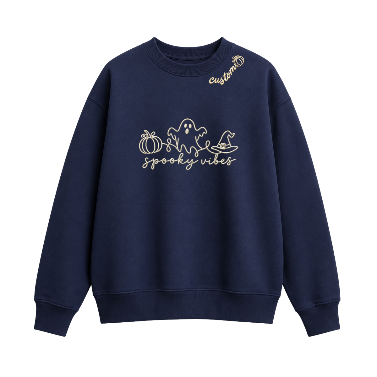 Chaotic Club Embroided Spooky Vibes Doodle Art Ghost Pumpkin Custom Name Crewneck Sweatshirt