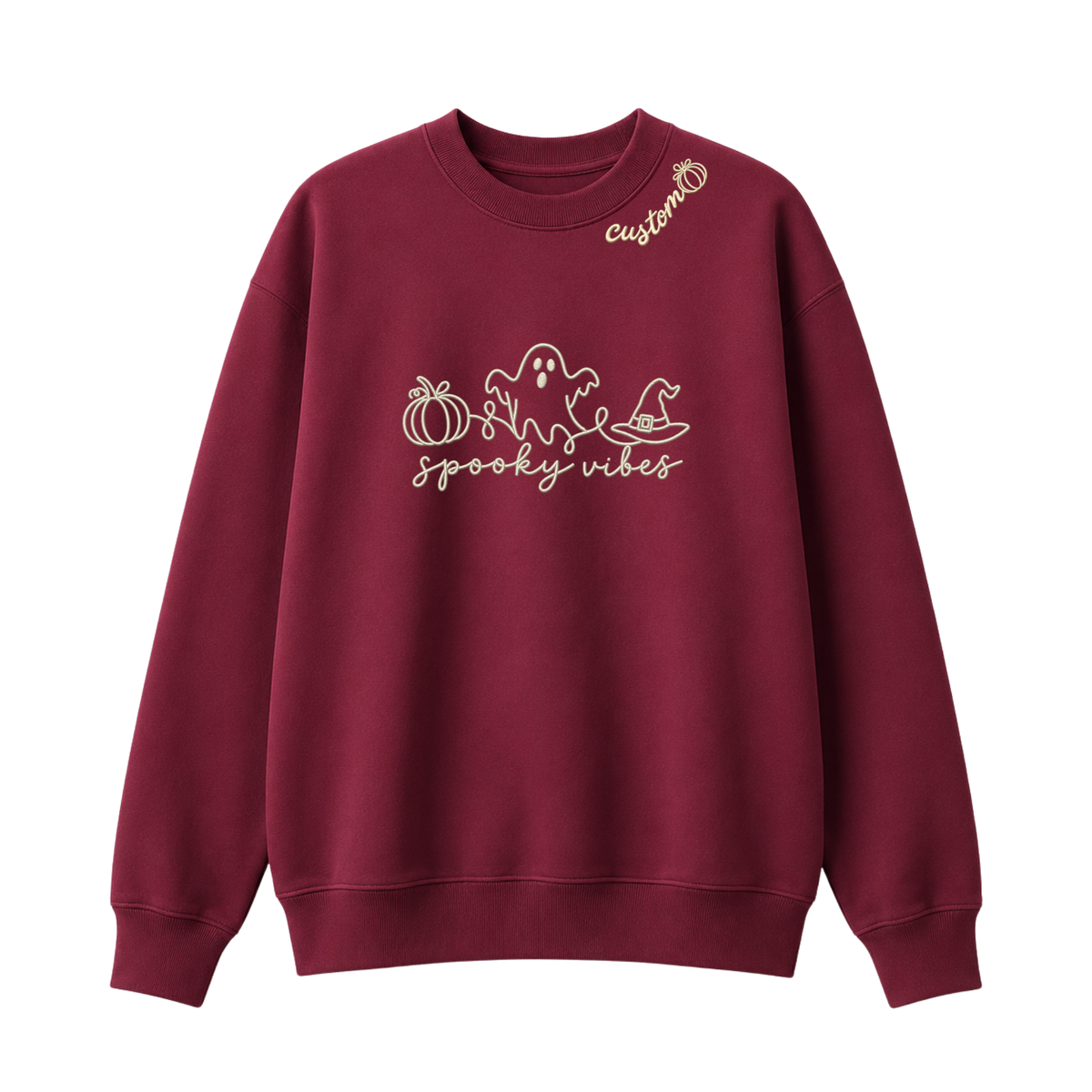 Chaotic Club Embroided Spooky Vibes Doodle Art Ghost Pumpkin Custom Name Crewneck Sweatshirt