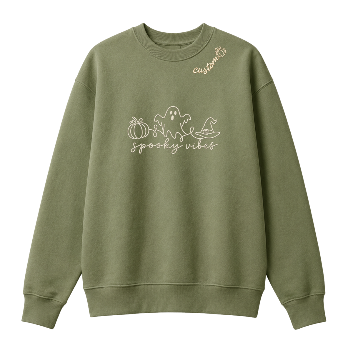 Chaotic Club Embroided Spooky Vibes Doodle Art Ghost Pumpkin Custom Name Crewneck Sweatshirt