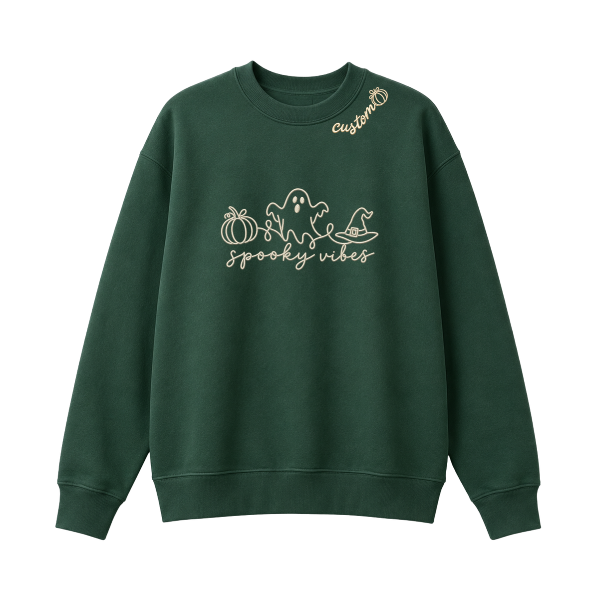 Chaotic Club Embroided Spooky Vibes Doodle Art Ghost Pumpkin Custom Name Crewneck Sweatshirt