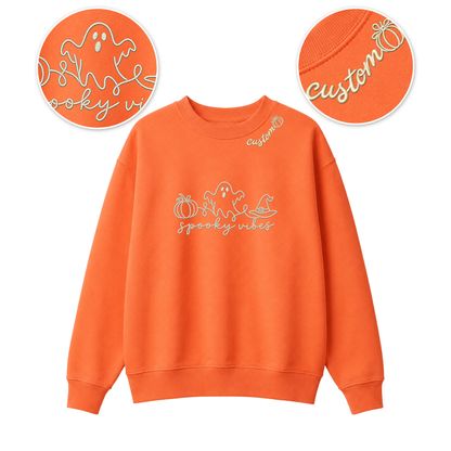 Chaotic Club Embroided Spooky Vibes Doodle Art Ghost Pumpkin Custom Name Crewneck Sweatshirt