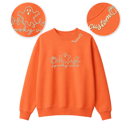 Chaotic Club Embroided Spooky Vibes Doodle Art Ghost Pumpkin Custom Name Crewneck Sweatshirt