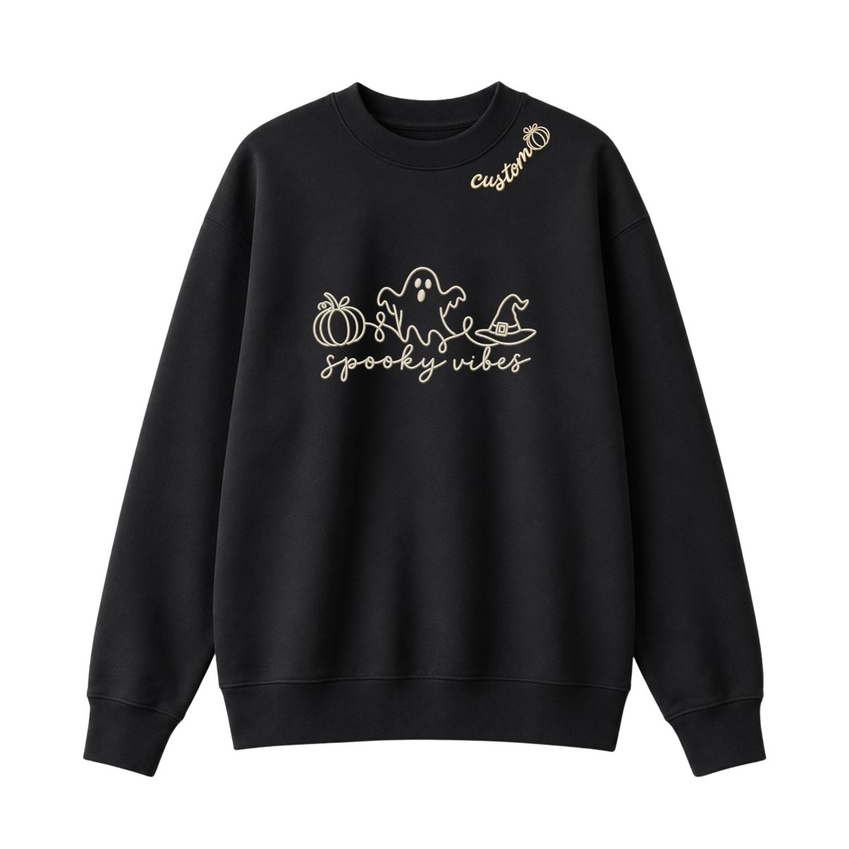 Chaotic Club Embroided Spooky Vibes Doodle Art Ghost Pumpkin Custom Name Crewneck Sweatshirt