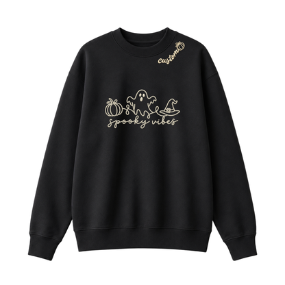 Chaotic Club Embroided Spooky Vibes Doodle Art Ghost Pumpkin Custom Name Crewneck Sweatshirt