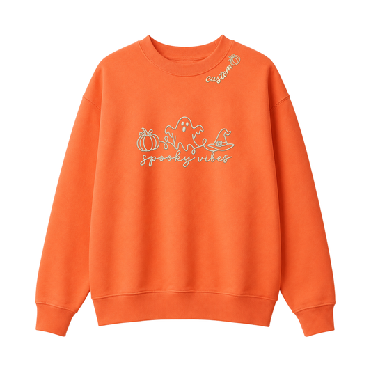 Chaotic Club Embroided Spooky Vibes Doodle Art Ghost Pumpkin Custom Name Crewneck Sweatshirt