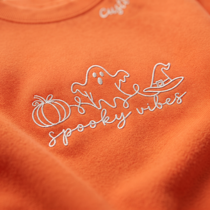 Chaotic Club Embroided Spooky Vibes Doodle Art Ghost Pumpkin Custom Name Crewneck Sweatshirt