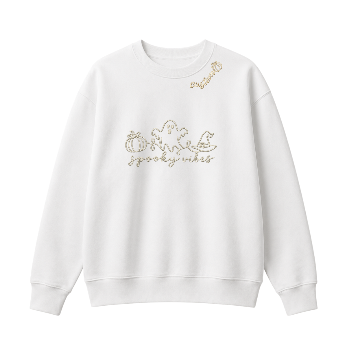 Chaotic Club Embroided Spooky Vibes Doodle Art Ghost Pumpkin Custom Name Crewneck Sweatshirt