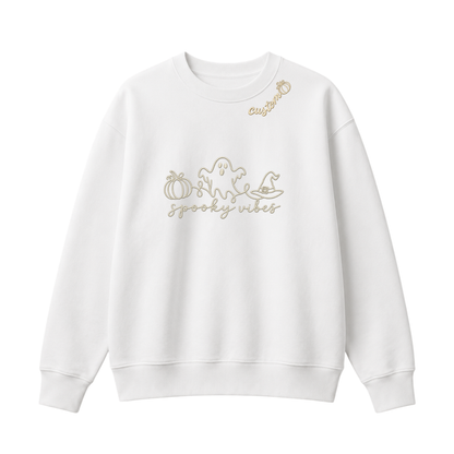 Chaotic Club Embroided Spooky Vibes Doodle Art Ghost Pumpkin Custom Name Crewneck Sweatshirt