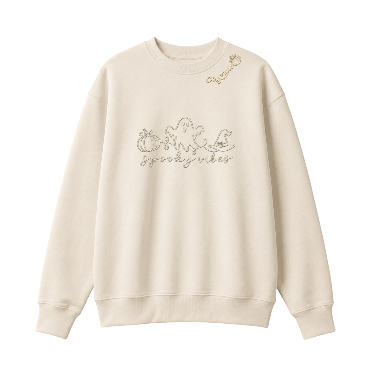 Chaotic Club Embroided Spooky Vibes Doodle Art Ghost Pumpkin Custom Name Crewneck Sweatshirt