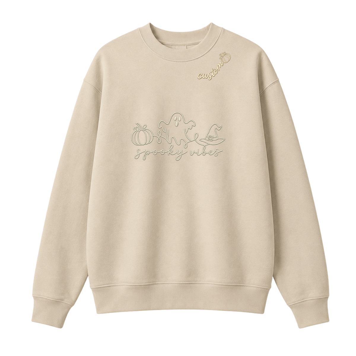 Chaotic Club Embroided Spooky Vibes Doodle Art Ghost Pumpkin Custom Name Crewneck Sweatshirt