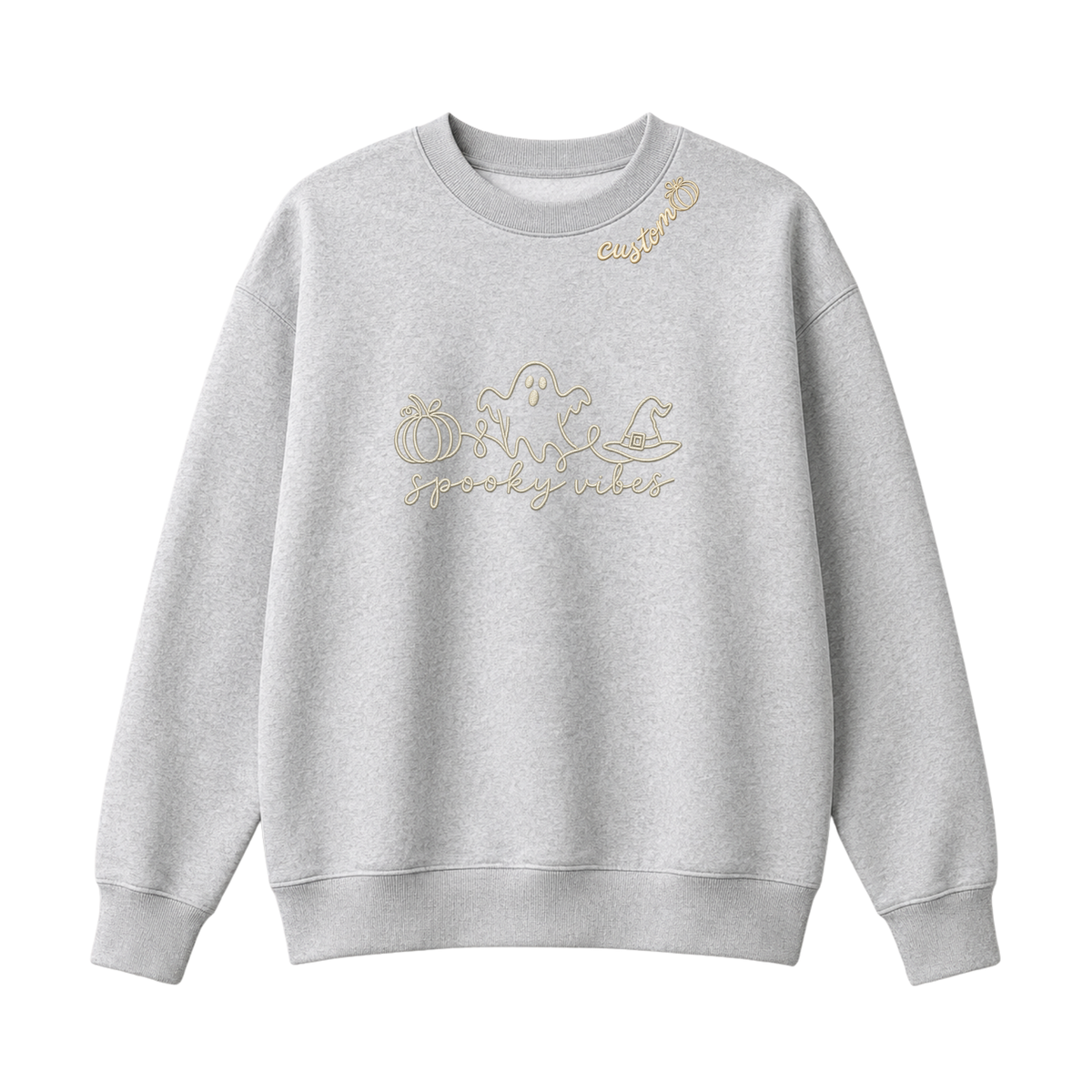 Chaotic Club Embroided Spooky Vibes Doodle Art Ghost Pumpkin Custom Name Crewneck Sweatshirt