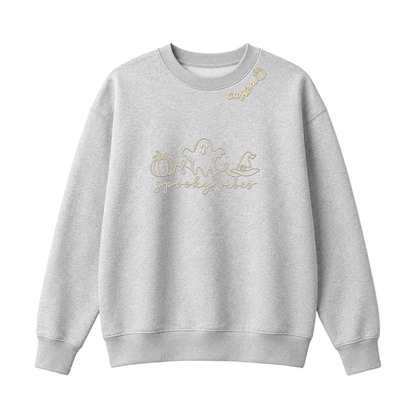 Chaotic Club Embroided Spooky Vibes Doodle Art Ghost Pumpkin Custom Name Crewneck Sweatshirt
