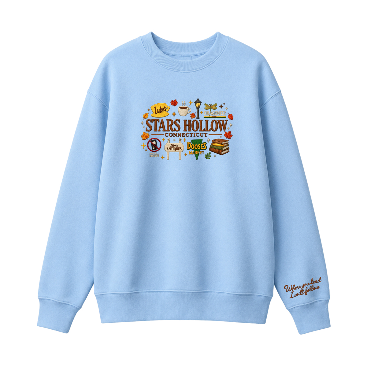 Chaotic Club Embroided Stars Hollow Connecticut Lukes Diner Dragonfly Inn Crewneck Sweatshirt