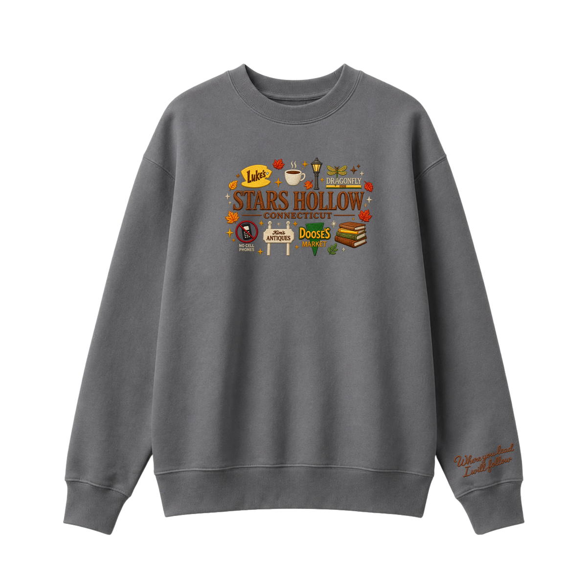 Chaotic Club Embroided Stars Hollow Connecticut Lukes Diner Dragonfly Inn Crewneck Sweatshirt