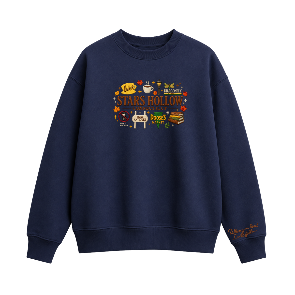 Chaotic Club Embroided Stars Hollow Connecticut Lukes Diner Dragonfly Inn Crewneck Sweatshirt