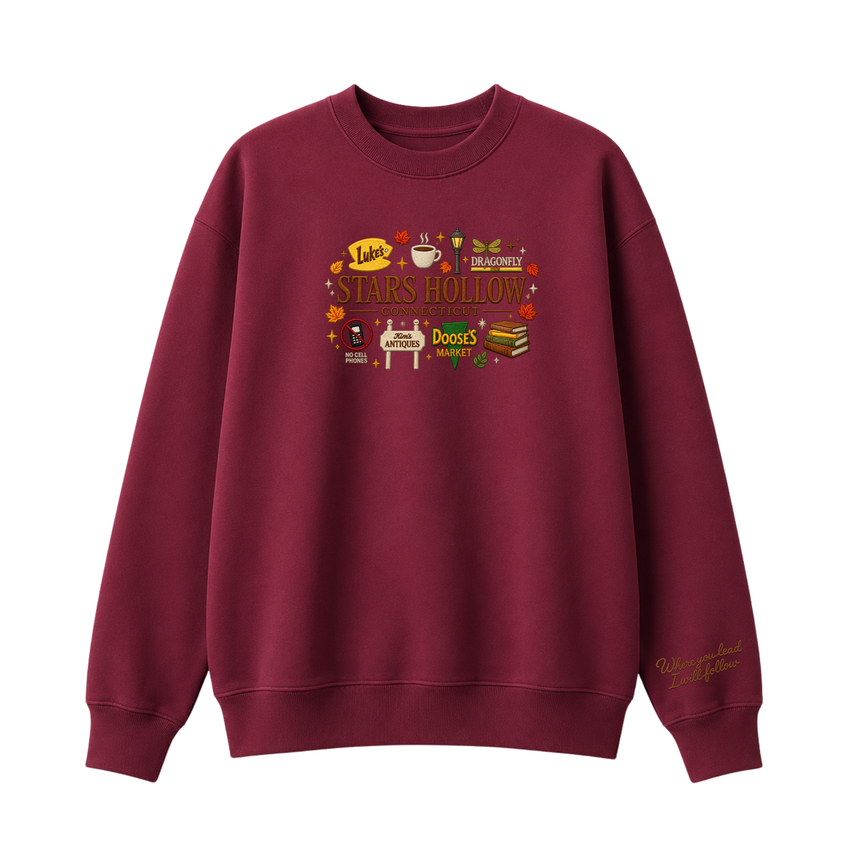 Chaotic Club Embroided Stars Hollow Connecticut Lukes Diner Dragonfly Inn Crewneck Sweatshirt