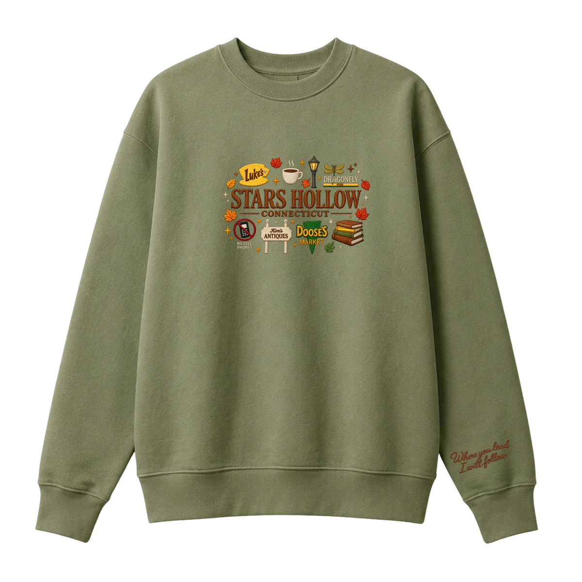 Chaotic Club Embroided Stars Hollow Connecticut Lukes Diner Dragonfly Inn Crewneck Sweatshirt