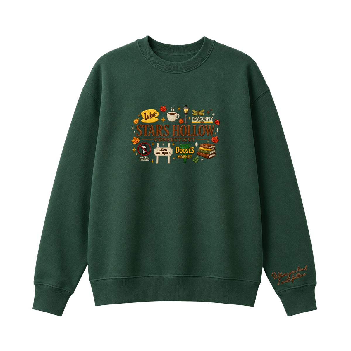 Chaotic Club Embroided Stars Hollow Connecticut Lukes Diner Dragonfly Inn Crewneck Sweatshirt