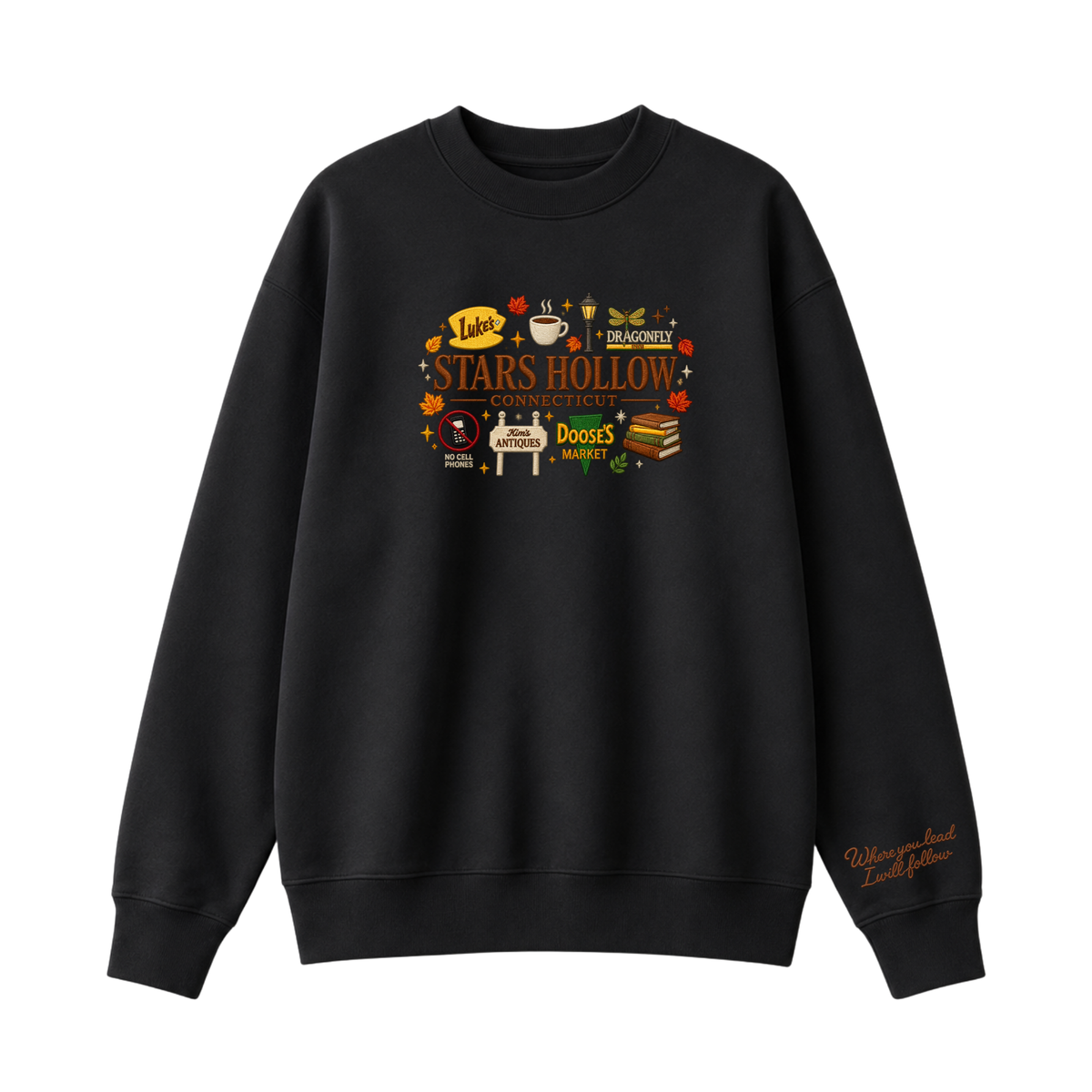Chaotic Club Embroided Stars Hollow Connecticut Lukes Diner Dragonfly Inn Crewneck Sweatshirt