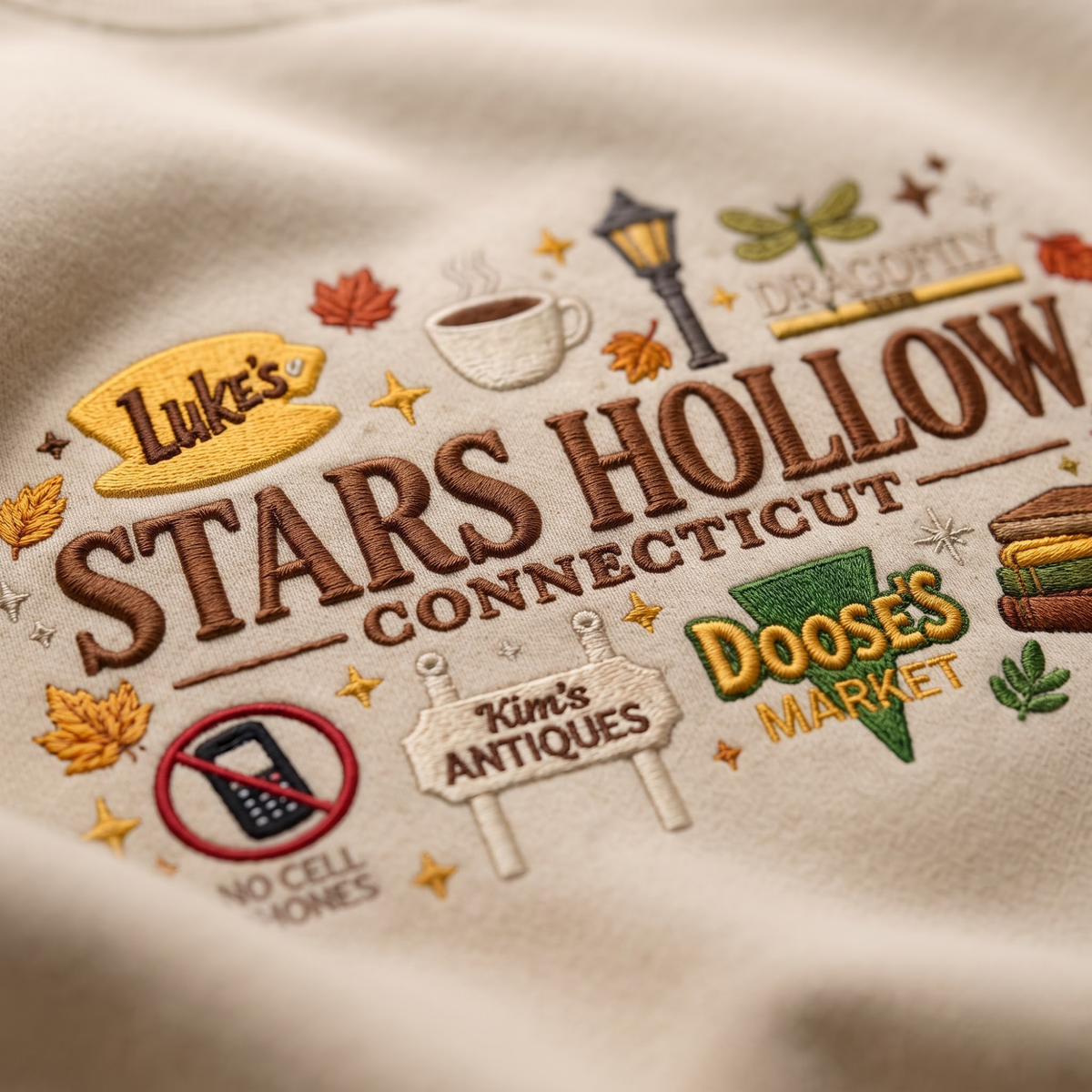 Chaotic Club Embroided Stars Hollow Connecticut Lukes Diner Dragonfly Inn Crewneck Sweatshirt