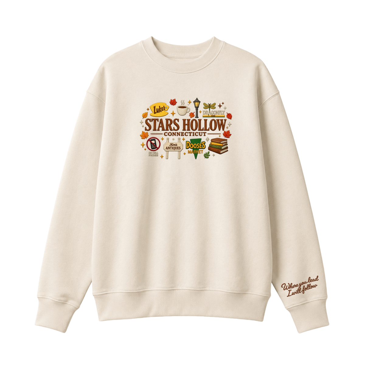 Chaotic Club Embroided Stars Hollow Connecticut Lukes Diner Dragonfly Inn Crewneck Sweatshirt
