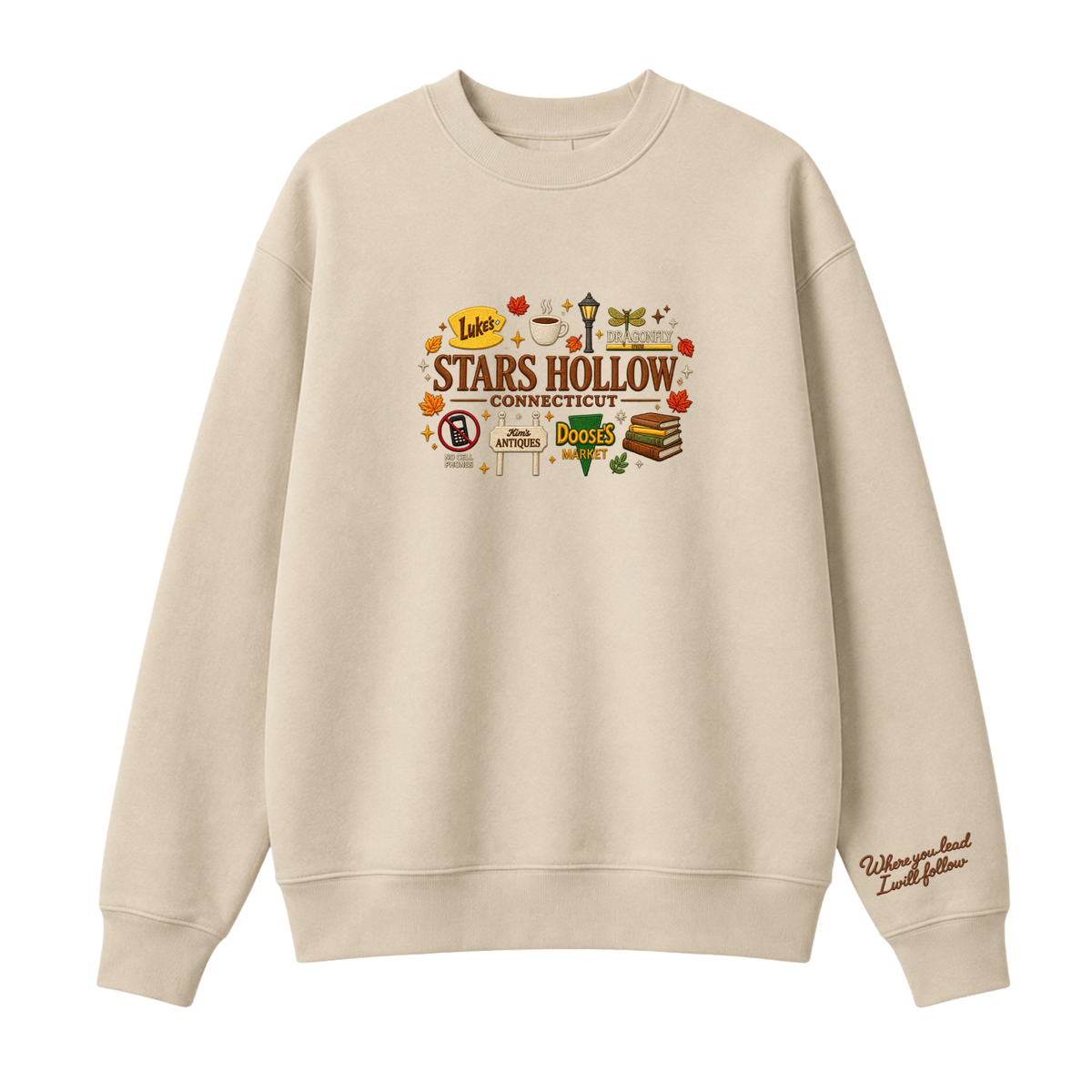 Chaotic Club Embroided Stars Hollow Connecticut Lukes Diner Dragonfly Inn Crewneck Sweatshirt